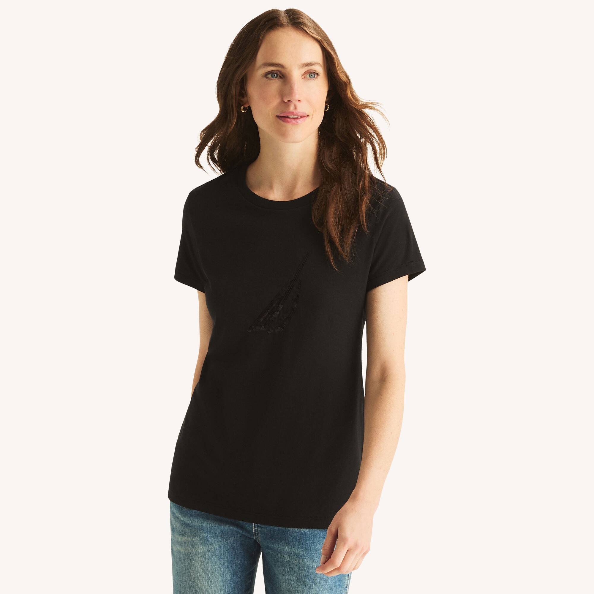 Nautica Women's Sequin Logo Graphic T-Shirt 018 (True Black), M