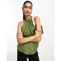 River Island sleeveless halterneck satin blouse in khaki-Black