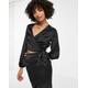 Flounce London satin wrap front cropped satin blouse with balloon sleeves in black co-ord