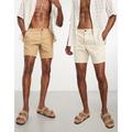 ASOS DESIGN 2 pack skinny chino shorts in mid length in stone and tan-Neutral