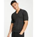 Gianni Feraud cable knit short sleeve polo jumper in dark grey