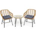 3 PCS Patio Bistro Set Rattan Conversation Set with Round Coffee Table Grey