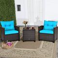 3 Piece Furniture Set Wicker Bistro Conversation Set W/ 2 Cushioned Armchairs & Glass Topped Table Outdoor Rattan Sofa Set Furniture For Porch Balcony Poolside (Turquoise)