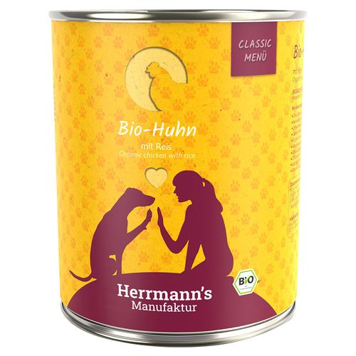Sparpaket: 24x800g Herrmann's Classic Bio-Menü Bio-Huhn mit Bio-Reis Hundefutter nass