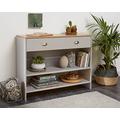House & Homestyle Lilsbury Console Unit with 2 Shelves, Free Standing Storage Cabinet, Lounge or Bedroom Mini Cupboard Organiser with Open Shelving and Drawer – Grey Wood/Oak Effect (76 x 93 cm)