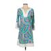 BO&NIC Casual Dress - Shift V Neck 3/4 sleeves: Green Color Block Dresses - Women's Size Small