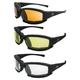 Alpha Omega 3 Motorcycle Sunglasses Foam Padded Riding Safety Glasses Z87.1 Convertible to Goggles for Men or Women 3 Pair Black Frame w/ Amber Clear & Yellow Lenses