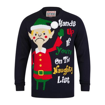 Jumpers Men’s Hands Up Motif Novelty Knitted Christmas Jumper in Ink - Merry Christmas / S - Tokyo Laundry