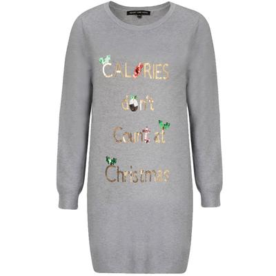 Jumpers Ladies Calories Don’t Count Sequin Longline Christmas Jumper In Grey / 8 - Tokyo Laundry