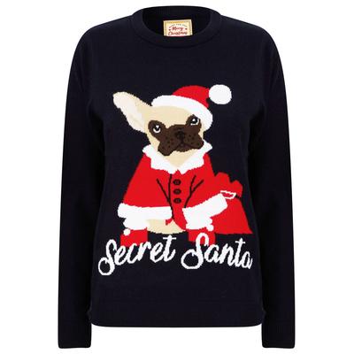 Jumpers Women’s Secret Santa Dog Motif Novelty Christmas Jumper in Ink - Merry Christmas / 14 - Tokyo Laundry