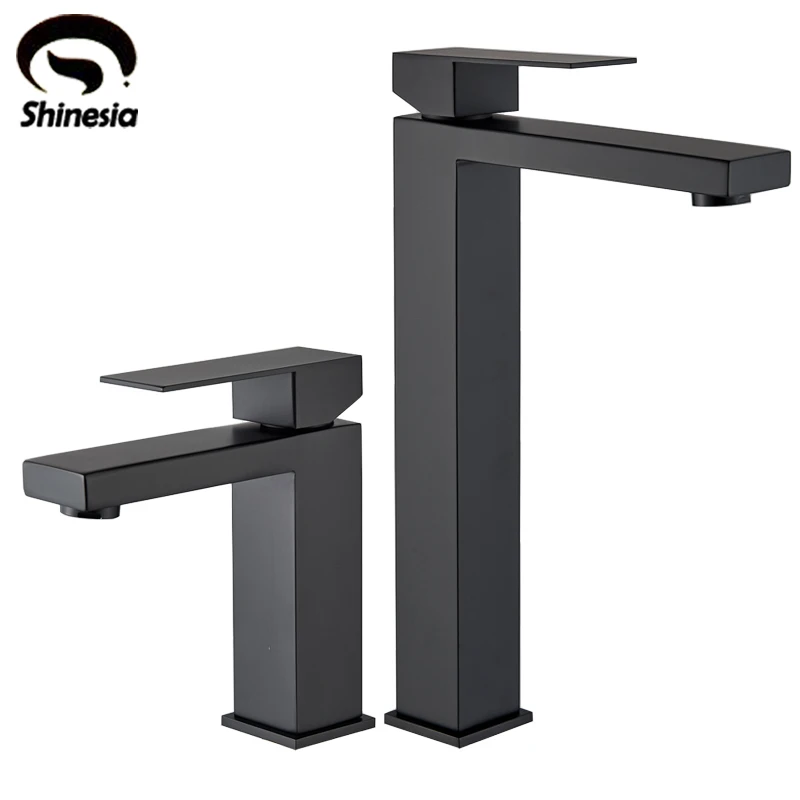 Shinesia robinets de salle de bains, robinet de lavabo en acier inoxydable, grand et court, mitigeur d'évier de salle de bains monté sur le pont, eau chaude et froide