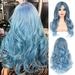 Blue Wig for Women Long Curly Wavy Pastel Blue Wig Side Part Synthetic Cosplay Wig with Wig Cap