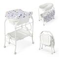 GYMAX Folding Baby Changing Table with Bathtub, Portable Newborn Bath Table and Dresser Unit with PVC Pad, Storage Tray and Wheels, Infant Diaper Changing Station (White)