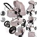 Baby Stroller 3 in 1 Pram Pushchair Buggy Child Lightweight Folding Stroller 3 in 1 Travel System Pram for Newborns Toddlers 0-36 Months from Birth Aluminium (Light Grey - Silver Frame)