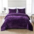 Fredsure Distressed Velvet Quilt Set, 3 Pieces Purple King, Distressed Velvet Face and Brushed Microfiber Reverse with Diamond Quilting