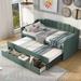 Twin Size Upholstered Daybed with Trundle & 3 Drawers, Storage Daybed with A Trundle, Wood Sofa Bed Twin Size with Slats Support