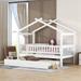 Twin Size House-Shaped Daybed Bed with Twin Trundle for Kids, Wooden Platform Bedframe with Roof & Guardrail, No Box Spring Need