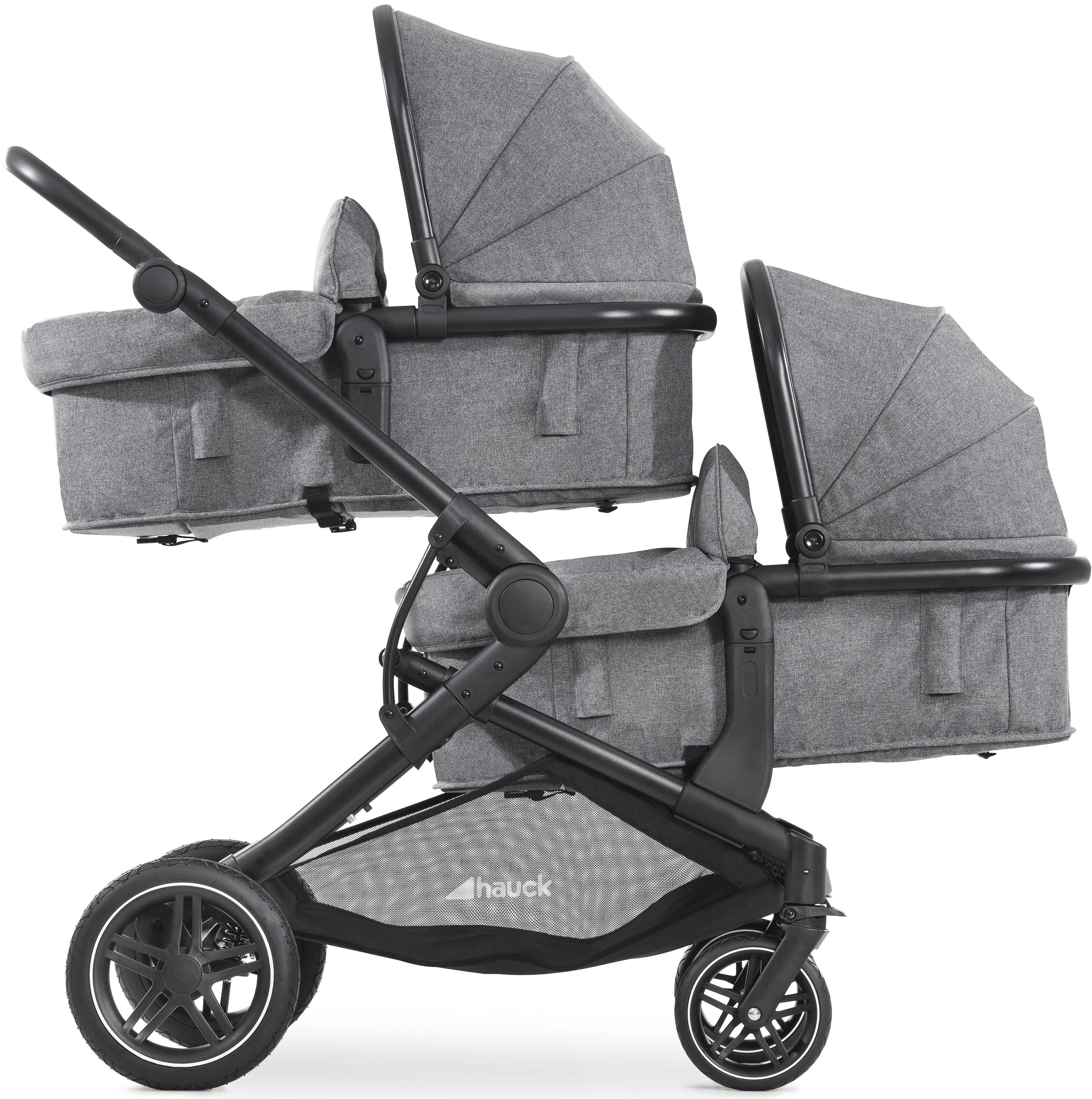 Geschwisterwagen HAUCK "Atlantic Twin, melange grey", Kinder, grau (melange grau), Aluminium, Polyester, Kinderwagen, mit schwenk- und feststellbaren Vorderrädern