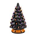 15-Inch Ceramic Halloween Tree Decorations, Green Tabletop Tree with Multicolored Lights, Handcrafted and Hand Painted – Glossy Finish – Pumpkin Top for Halloween Christmas Home Decoration (Black)