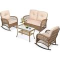 MEETWARM 4 Pieces Outdoor Wicker Patio Conversation Sets with Glider Loveseat 2 Chairs with Glass-Top Coffee Table Wicker Rocking Chair Set Wicker Conversation Set with Thickened Cushions