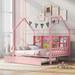 Nordic Creative Full Size Upholstered Bed, Wooden House Bed with Trundle, Kids Bed with Shelf & Solid Wood Slats Support-Pink