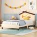 Cream Twin Size Wood Platform Bed with House shaped Headboard and Motion Activated Night Lights for Kids, Teens, Boys