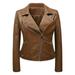 Womens Jacket Solid Color Short Leather Suit Pockets Leather Motorcycle Jacket Coat