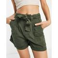 Miss Selfridge high waisted belted shorts in khaki-Green