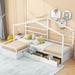 Twin Size L-Shaped Platform Bed, House Bed with 3 Storage Drawers and House Roof