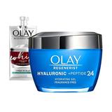 Olay Regenerist Hyaluronic Acid + Peptide 24 Gel Face Moisturizer For All Day Skin Hydration Fragrance-Free 1.7 Oz With Niacinamide Includes Olay Whip Travel Size For Dry Skin
