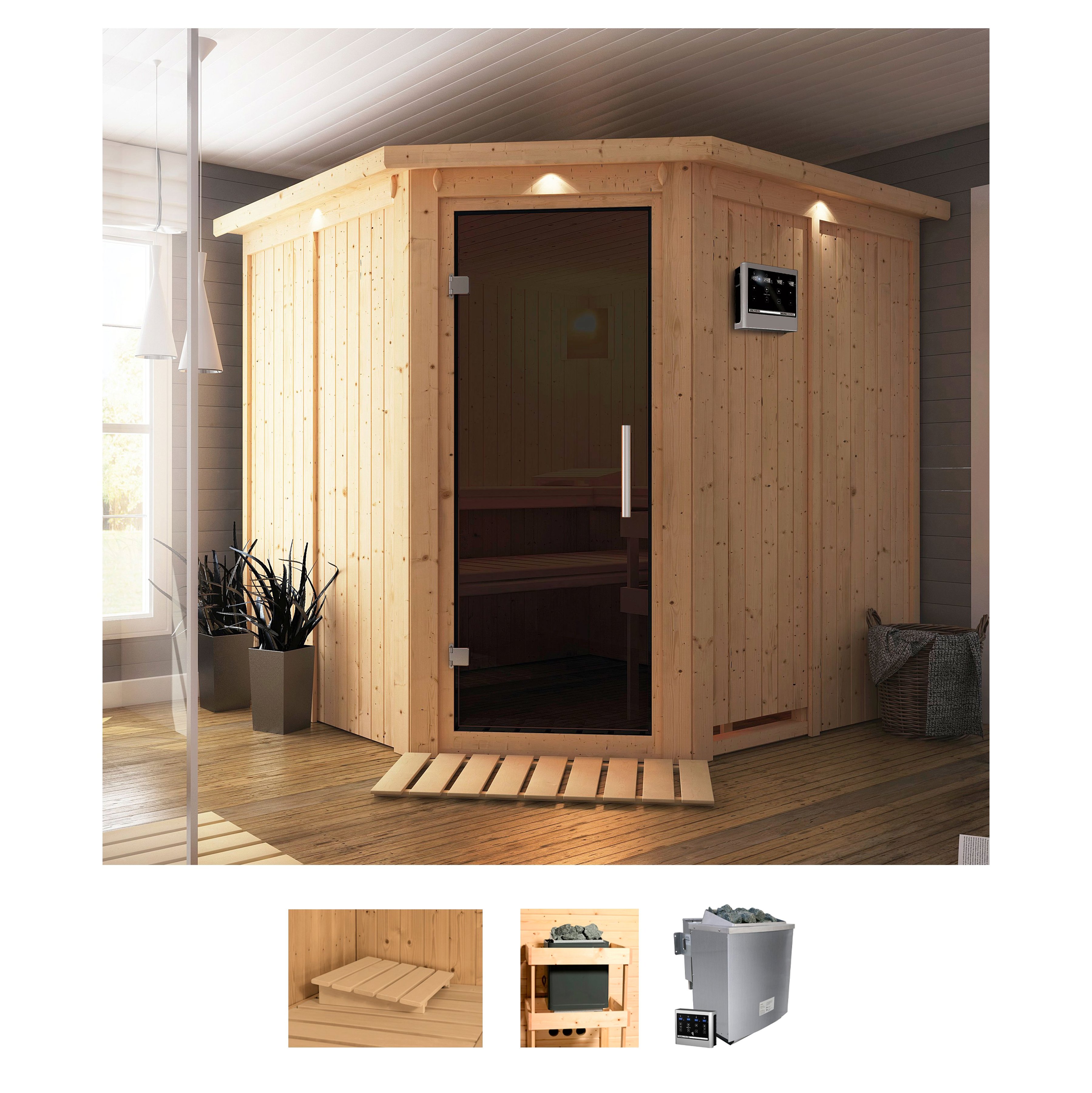 Sauna KARIBU "Jarin", beige (naturbelassen), Bio-Kombiofen, externe Steuerung, 9 kW, Saunen, Ofen 9 kW Bio externe Strg easy