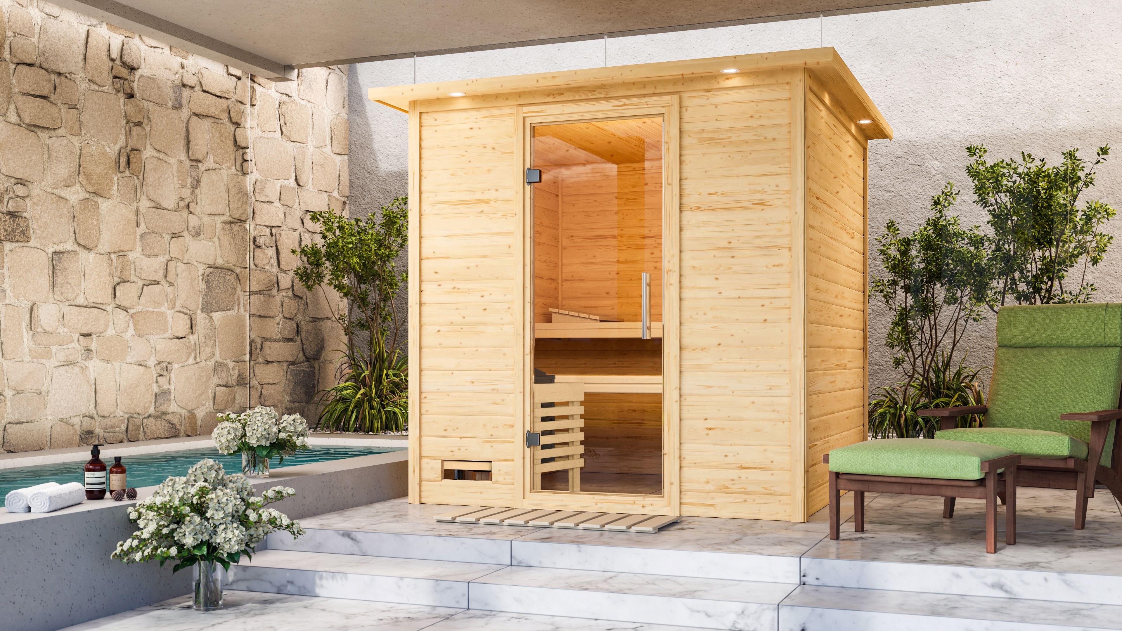 Sauna KARIBU "Menja", beige (naturbelassen), Bio-Kombiofen, externe Steuerung, 9 kW, Saunen, Ofen 9 kW Bio externe Strg easy