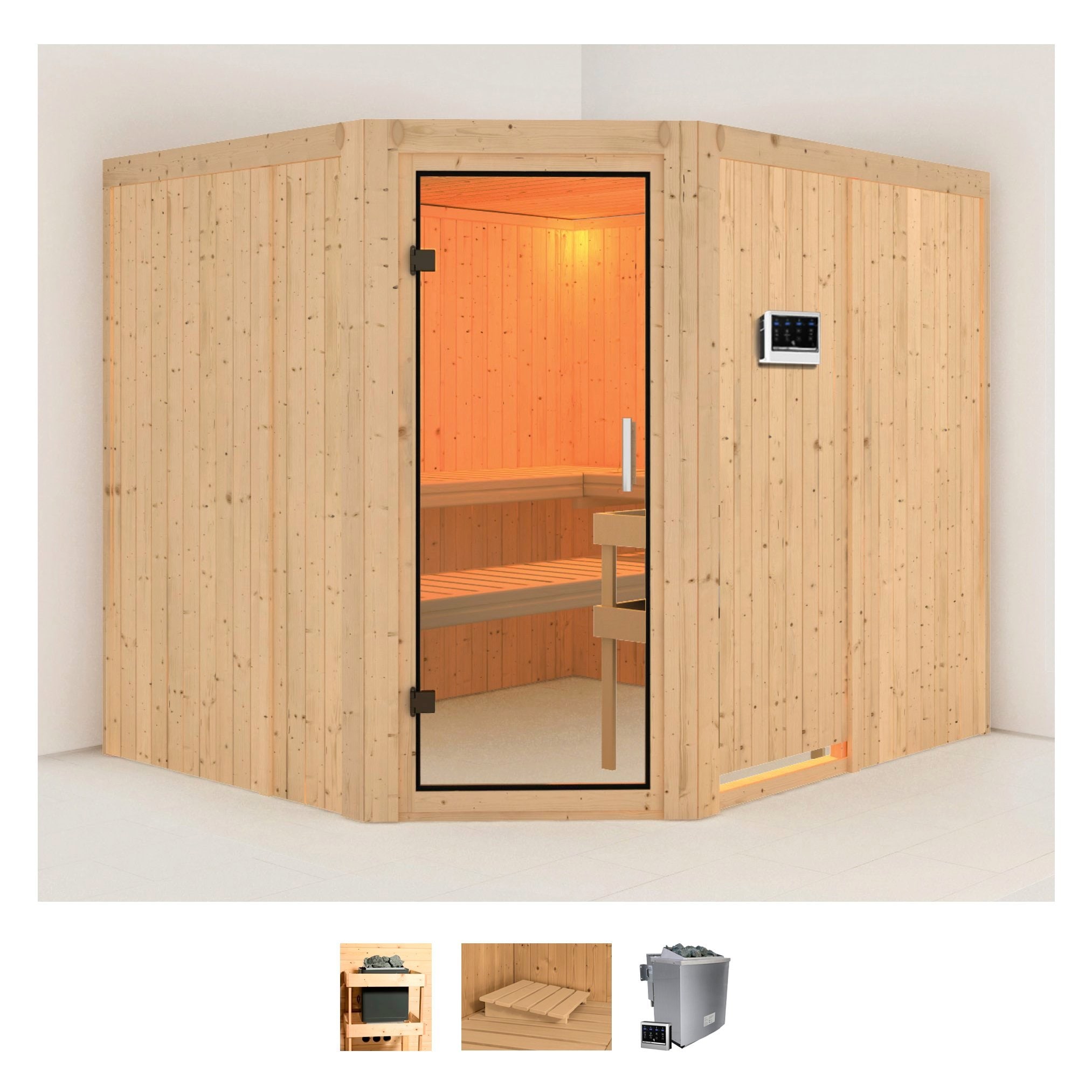 Sauna KARIBU "Marit", beige (naturbelassen), Bio-Kombiofen, externe Steuerung, 9 kW, Saunen, 9-kW-Bio-Ofen mit externer Steuerung Image