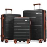 Luggage Expandable 3 Piece Sets ABS Spinner Suitcase 20 inch 24 inch 28 inch,Black Brown