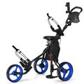 COSTWAY 3 Wheel Golf Push Pull Cart, Lightweight Foldable Golf Trolley with Detachable Stool, 4 Height Position Handle, Adjustable Umbrella Stand, Storage Bag, Cup Holder and Foot Brake (Blue)