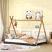 Triangle Structure Tent Floor Bed Full Size Platform Bed with X-shaped Safety Railings for Girls, Boys, Black+Brown