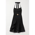 Oscar de la Renta - Belted Ruffled Stretch Wool-blend Halterneck Dress - Black