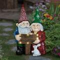 Solar Garden Gnome Couple Statuary W/LED Welcome Sign Durable Resin Garden DÃ©cor 10â€�X15â€�X23â€�