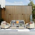 HOOOWOOO 5-piece Rattan Patio Conversation Furniture Sets Outdoor Wicker 5-person Setting Group with Chair Sofa and Ottomans-Gray