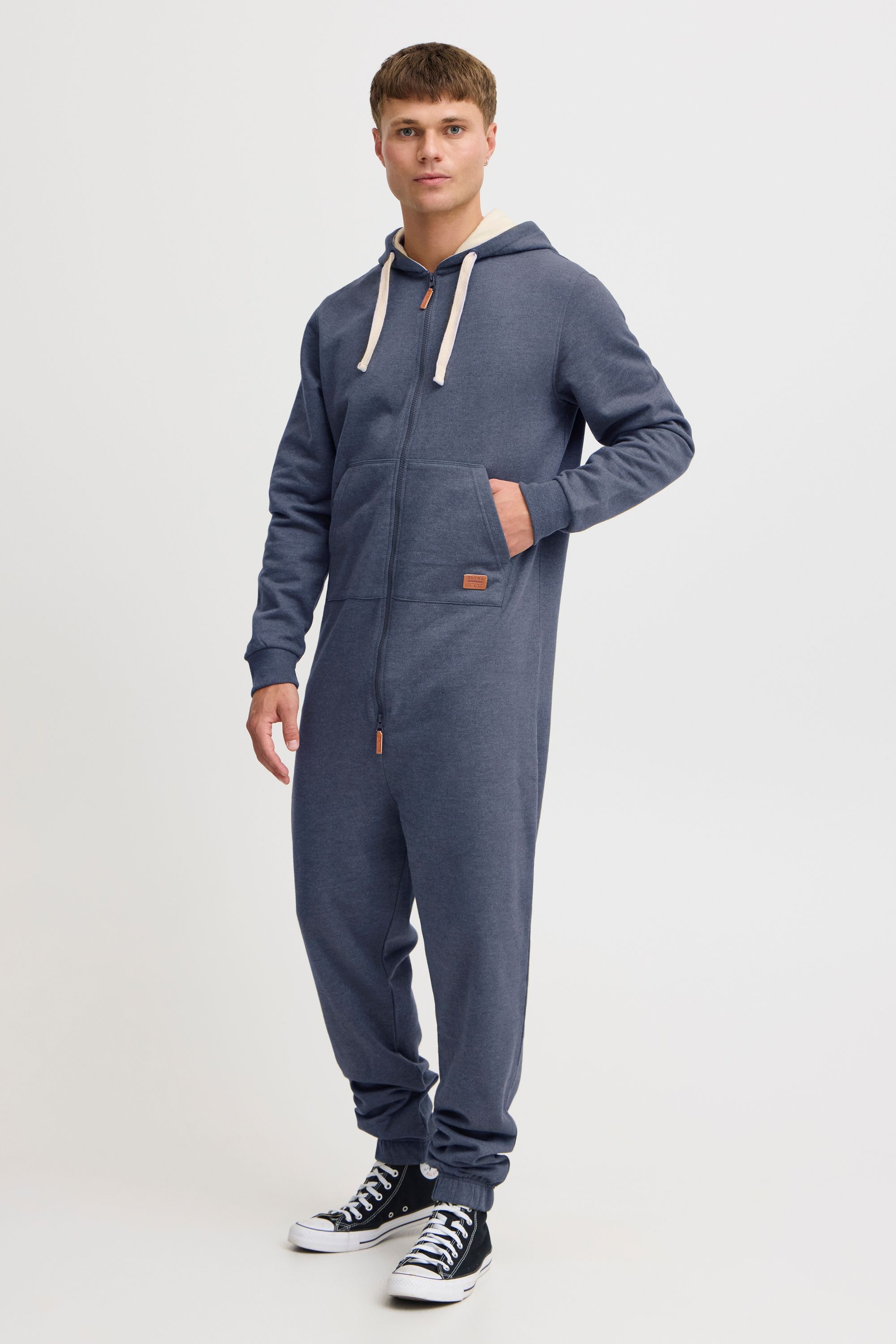 Overall BLEND "BHSalinho", Herren, Gr. L, US-Größen, blau (navy), Sweatware, 60% Baumwolle, 40% Polyester, unifarben, regular fit lang, ohne Ausschnitt, Overalls Overall, Overall mit Fleece-Kapuze
