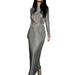 Women s Solid Color Long Sleeve Half High Neck Ruched Tie Up Dress