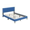 Costway Queen Size Upholstered Platform Bed with Button Tufted Headboard-Blue