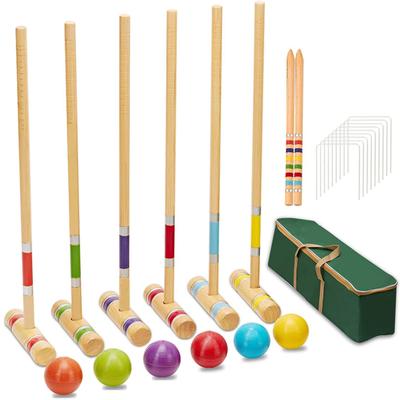 Six Player Croquet Set with Premium Rubber Wooden Mallets 28In, Colored Balls, Wickets, Stakes - Multicolor