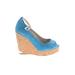 Jimmy Choo Wedges: Pumps Platform Boho Chic Blue Print Shoes - Women's Size 37.5 - Peep Toe