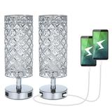 Crystal Table Lamp Set of 2 Bedside Nightstand Lamps with 2 USB Charging Ports Silver Crystal Desk Lamp for Bedroom Living Room