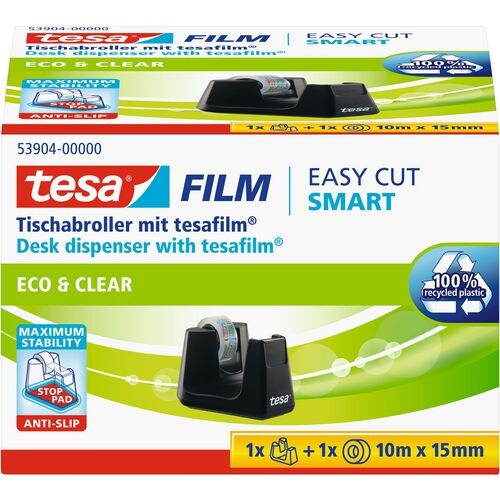 tesa Klebebandabroller tesafilm Easy Cut SMART Schwarz 15 mm (B) x 10 m (L) Kunststoff Recycelt 100% + 1 Rolle tesa Klebefilm Eco & Clear Image