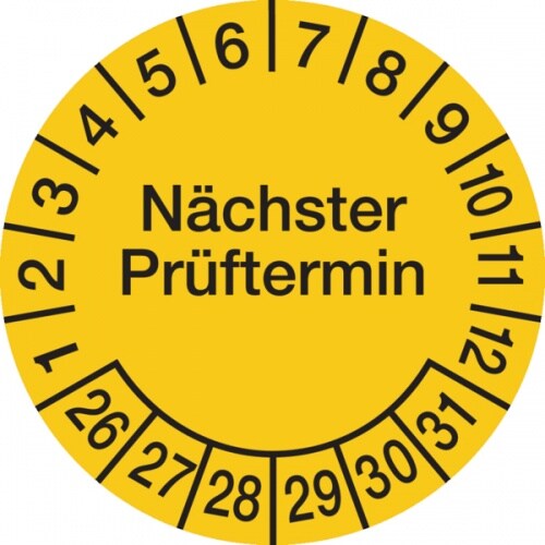 König Werbeanlagen Prüfplakette ab 26, Nächster Prüftermin, Folie, gelb/schwarz, Ø 15 - 30 mm - Bogen = 10 Plaketten - 20 mm Folie selbstklebend Image