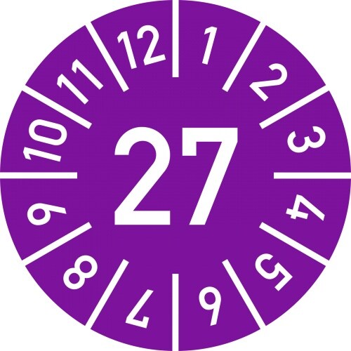 Dreifke® Prüfplakette Jahr 27 mit Monaten, violett, Dokumentenfolie, Ø 30 mm, 10 St./Bo. Image