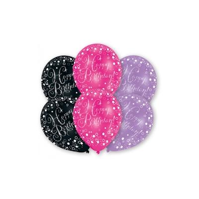 6 Ballons Happy Birthday pink, lila, schwarz