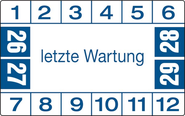 Prüfplakette ab 26, letzte Wartung, blau/weiß - Bogen = 10 Plaketten - 40 x 25 mm Folie selbstklebend Image